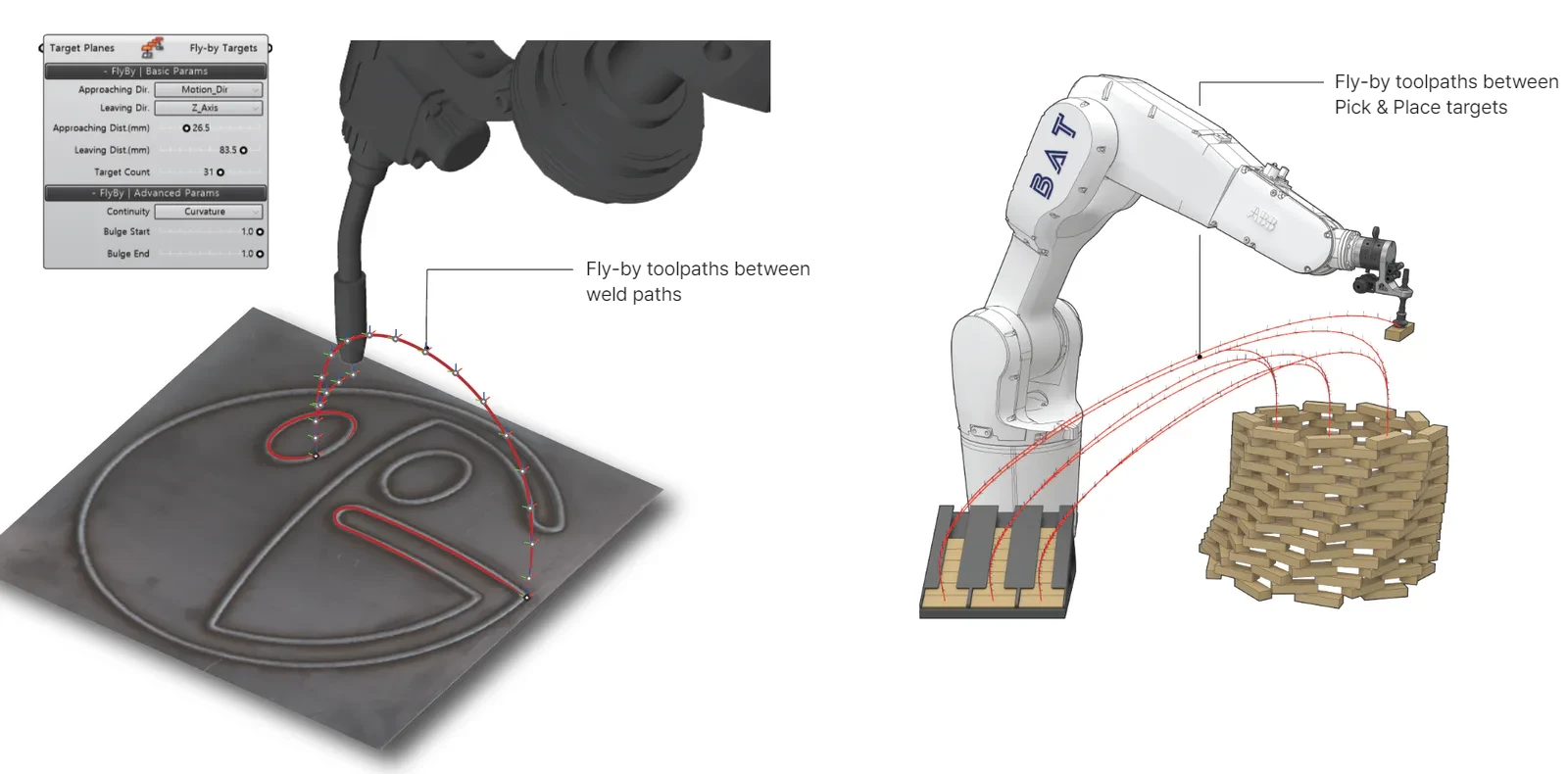 Fly-by toolpaths applied between weld paths and between Pick & Place targets
